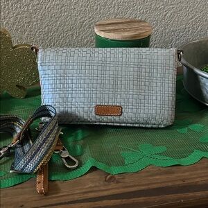 Consuela Light Blue Woven Crossbody with Brown Logo Accent